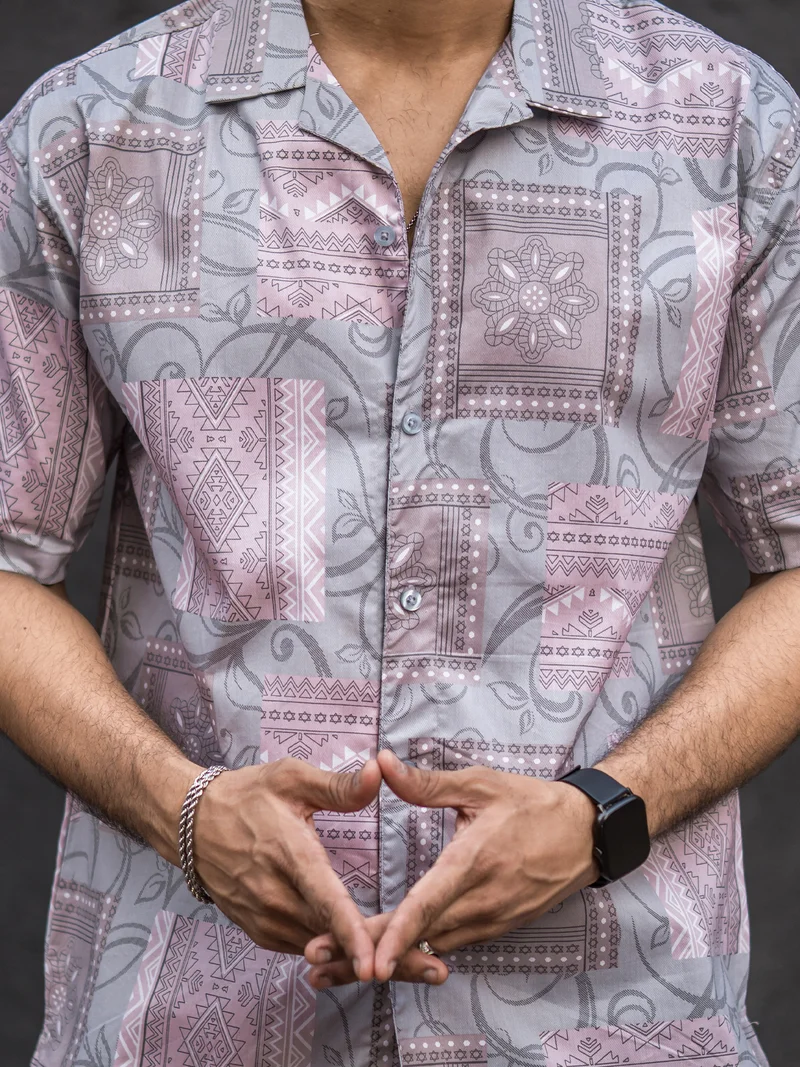Maniac Maniac Mens All Over Printed Collar Neck Half Sleeve Pink Cotton Oversized Shirt