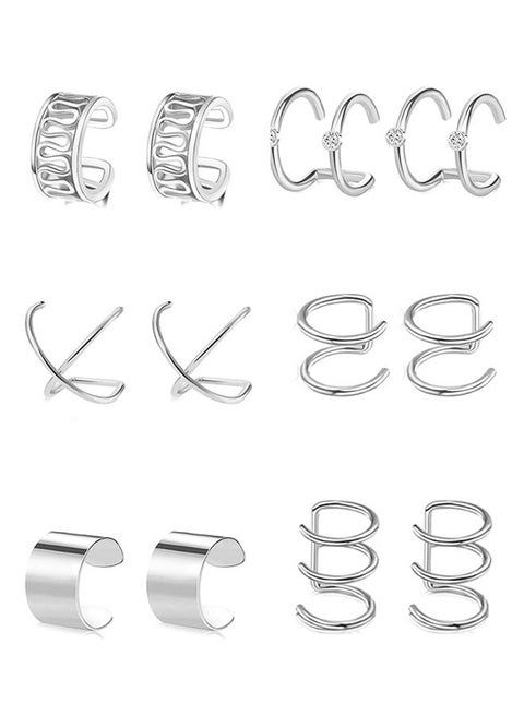 6 Pairs Stainless Steel Fake Ear Clips Set Non Piercing Earrings Hoop Ear Cuffs Helix Cartilage Clip on Earrings Set for Men Women, 6 Various Styles, Silver