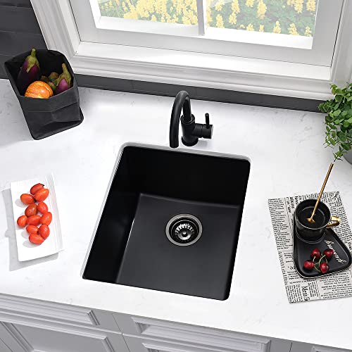 VASOYO Black Bar Sink Undermount-VASOYO 15x17 Small Bar Sink Quartz Composite Outdoor Rv Kitchen Sinks Single Bowl Wet Basin with Bottom Grid - Image 4