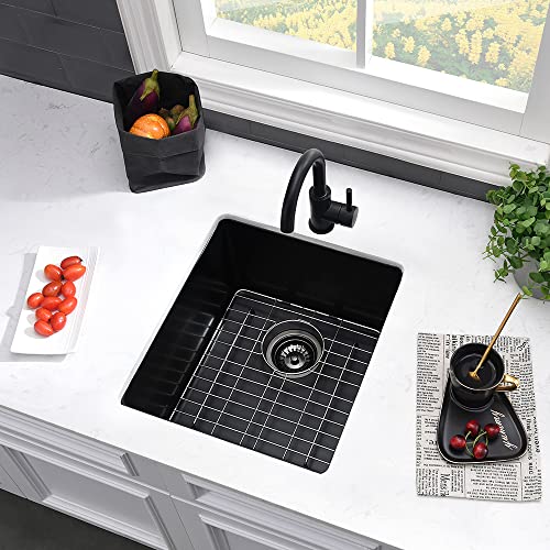 VASOYO Black Bar Sink Undermount-VASOYO 15x17 Small Bar Sink Quartz Composite Outdoor Rv Kitchen Sinks Single Bowl Wet Basin with Bottom Grid - Image 2