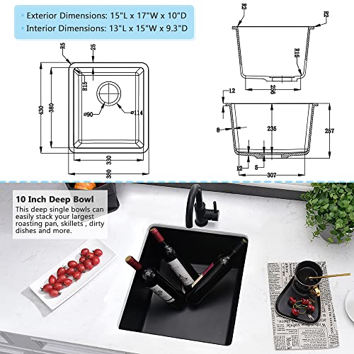 VASOYO Black Bar Sink Undermount-VASOYO 15x17 Small Bar Sink Quartz Composite Outdoor Rv Kitchen Sinks Single Bowl Wet Basin with Bottom Grid - Image 5
