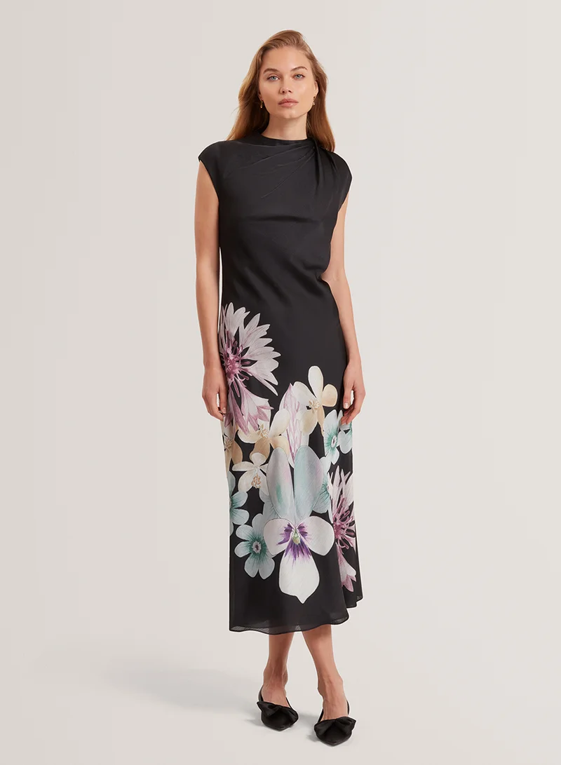 Ted Baker Printed Short Sleeve Draped Neck Midi Dress