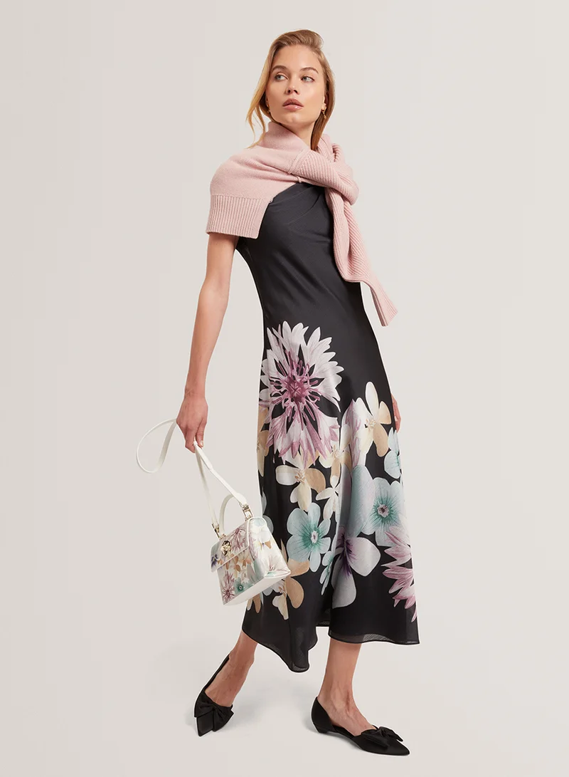 Ted Baker Printed Short Sleeve Draped Neck Midi Dress