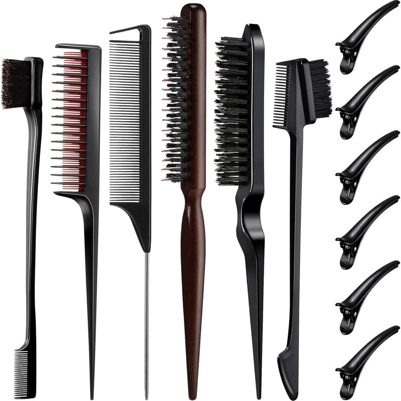 12 Pieces Black Hair Brush Set for Stylists Teasing Brush Edge Brush Rat Tail Comb DoubleSided Nylon Boar Bristle Brush 3 Row Duckbill Clips for Salon Hair Styling and Sectioning