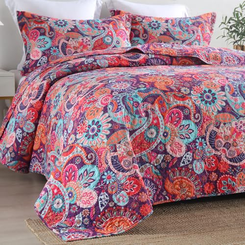 VISIMISI Cotton Bedspread Quilt Sets Reversible Bedding Coverlet Sets Comforter Paisley Floral Bohemian Bedspread,Bohemian Red Gorgeous Pattern,King Size - Image 2