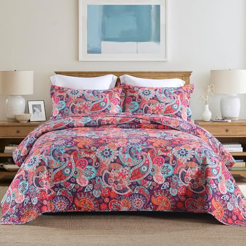 VISIMISI Cotton Bedspread Quilt Sets Reversible Bedding Coverlet Sets Comforter Paisley Floral Bohemian Bedspread,Bohemian Red Gorgeous Pattern,King Size - Image 1