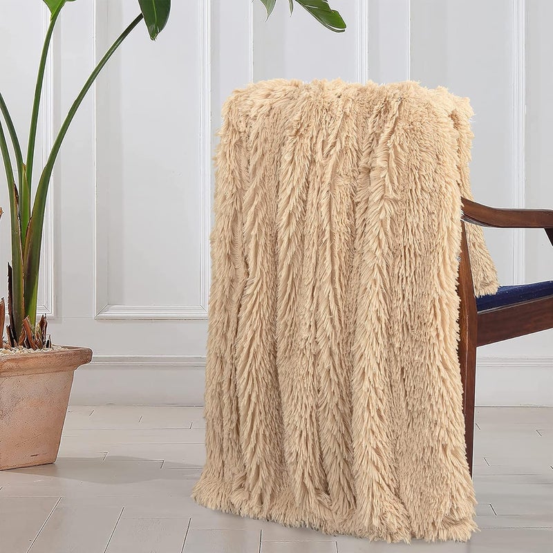 Tuddrom Decorative Extra Soft Faux Fur Throw Blanket 50"x60",Solid Reversible Fuzzy Lightweight Long Hair Shaggy Blanket,Fluffy Cozy Plush Fleece Comfy Microfiber Blanket for Couch Sofa Bed,Apricot - Image 5