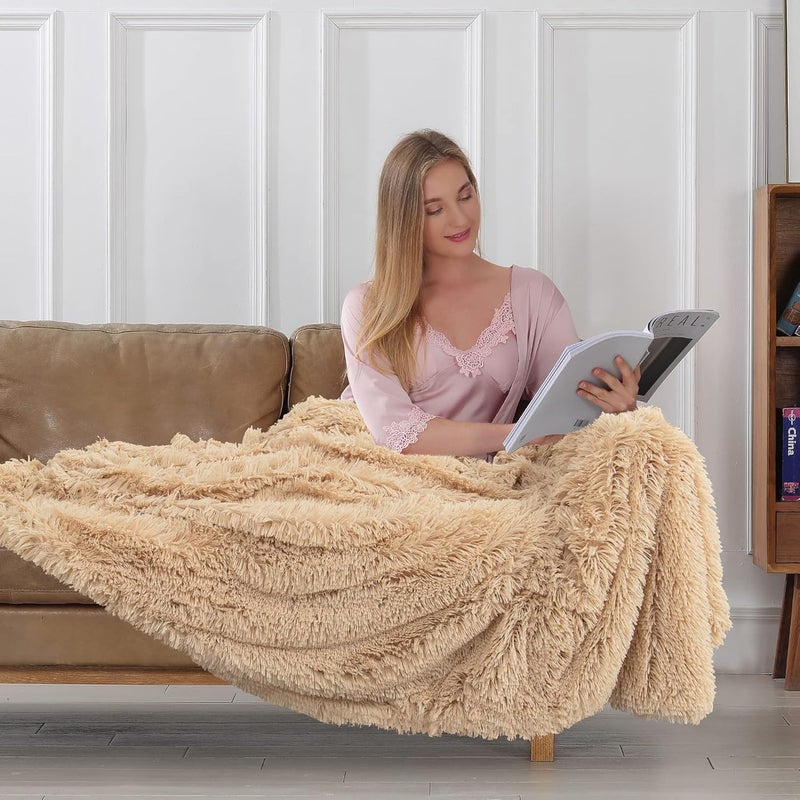 Tuddrom Decorative Extra Soft Faux Fur Throw Blanket 50"x60",Solid Reversible Fuzzy Lightweight Long Hair Shaggy Blanket,Fluffy Cozy Plush Fleece Comfy Microfiber Blanket for Couch Sofa Bed,Apricot - Image 4