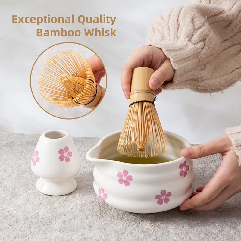 YumiPLUS 5pcs Premium Matcha Set,Ceramic Bowl with Spout and Bamboo Whisk set, Cherry Blossom Matcha Kit for breakfast/latte,Tea Starter Making Kit,Cute Matcha Gift set (sakura) - Image 4