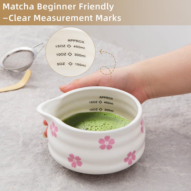 YumiPLUS 5pcs Premium Matcha Set,Ceramic Bowl with Spout and Bamboo Whisk set, Cherry Blossom Matcha Kit for breakfast/latte,Tea Starter Making Kit,Cute Matcha Gift set (sakura) - Image 3