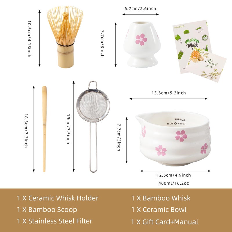 YumiPLUS 5pcs Premium Matcha Set,Ceramic Bowl with Spout and Bamboo Whisk set, Cherry Blossom Matcha Kit for breakfast/latte,Tea Starter Making Kit,Cute Matcha Gift set (sakura) - Image 5