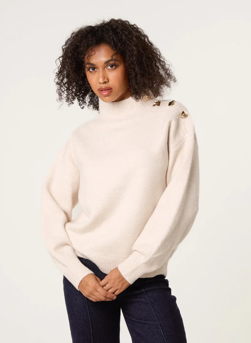 بلو فانيلا بروش كتف بياقة سلحفاة سترة مفصلة