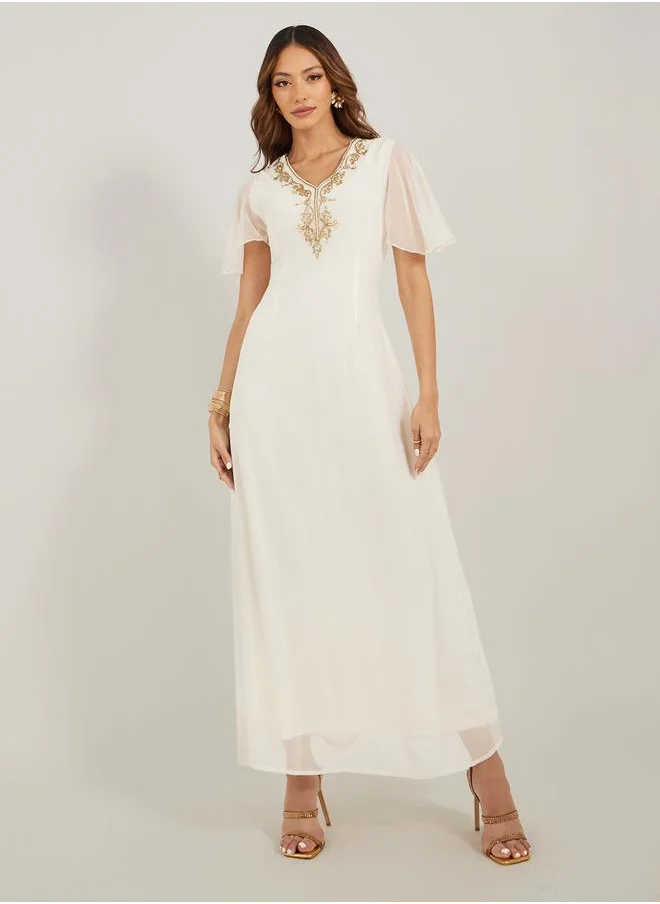 Styli Embellished Short Sleeves A-Line Maxi Dress