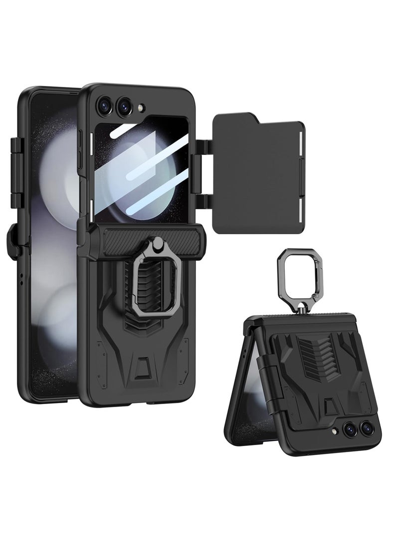 KASTWAVE Samsung Galaxy Z Flip 5 Case with Ring Holder Hinge Coverage Magnetic Flip Screen Protector Lens Camera Shockproof All-Inclusive Case for Z Flip 5 5G (Black) - Image 1
