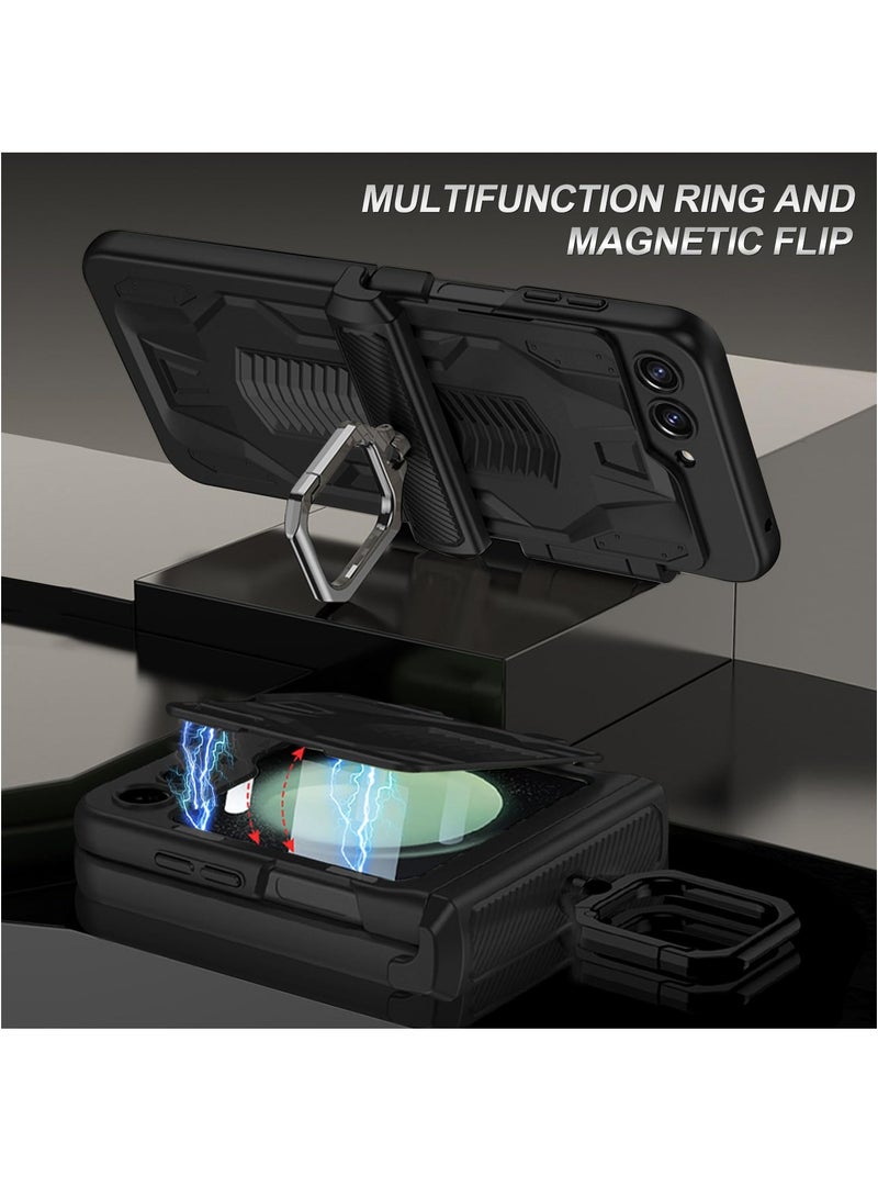 KASTWAVE Samsung Galaxy Z Flip 5 Case with Ring Holder Hinge Coverage Magnetic Flip Screen Protector Lens Camera Shockproof All-Inclusive Case for Z Flip 5 5G (Black) - Image 3