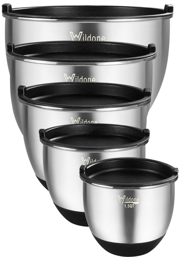 Wildone أوعية خلط من Wildone بأغطية محكمة الإغلاق، طقم أوعية خلط متداخلة من الفولاذ المقاوم للصدأ مكون من 5 قطع، بقواعد سيليكون مانعة للانزلاق، مقاسات 8، 5، 3، 2، 1.5 كوارت، تصميم قابل للتكديس، مثالية للخلط والتحضير. - Image 1