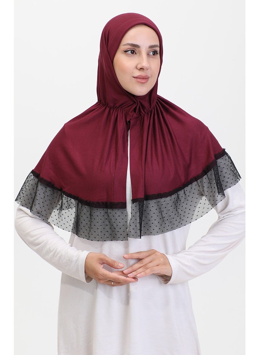 Sefa Merve Tulle Detailed Practical Shawl 1270-11 Plum  - Image 1
