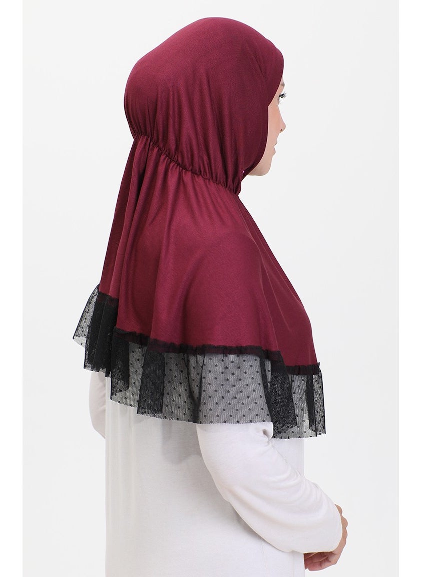Sefa Merve Tulle Detailed Practical Shawl 1270-11 Plum  - Image 2