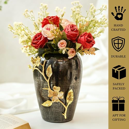 Behoma Designer Stainless Steel Vase with Brass Dogwood Flower | Modern Design Flower Vase for Home Decor | Center Table Decorative Item for Living Room, Dining Table, Office, Bedroom | Black Textured - Image 3