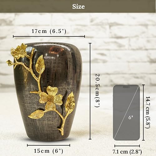 Behoma Designer Stainless Steel Vase with Brass Dogwood Flower | Modern Design Flower Vase for Home Decor | Center Table Decorative Item for Living Room, Dining Table, Office, Bedroom | Black Textured - Image 5