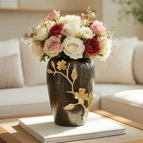 Behoma Designer Stainless Steel Vase with Brass Dogwood Flower | Modern Design Flower Vase for Home Decor | Center Table Decorative Item for Living Room, Dining Table, Office, Bedroom | Black Textured - Image 1