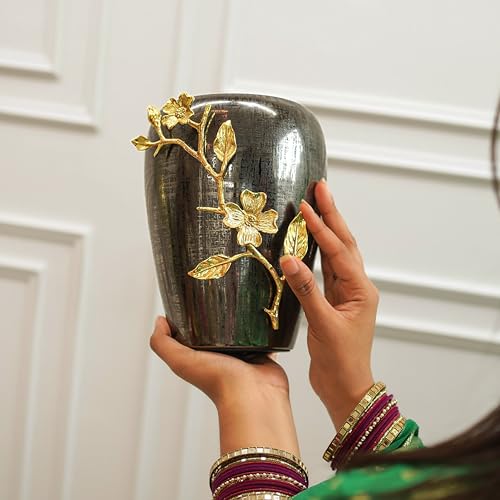 Behoma Designer Stainless Steel Vase with Brass Dogwood Flower | Modern Design Flower Vase for Home Decor | Center Table Decorative Item for Living Room, Dining Table, Office, Bedroom | Black Textured - Image 4