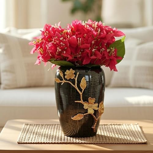 Behoma Designer Stainless Steel Vase with Brass Dogwood Flower | Modern Design Flower Vase for Home Decor | Center Table Decorative Item for Living Room, Dining Table, Office, Bedroom | Black Textured - Image 2