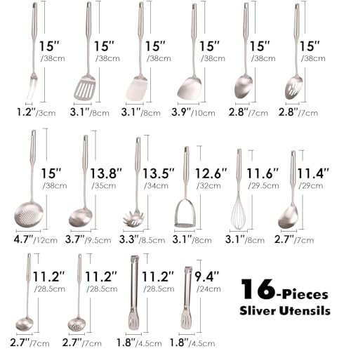 Standcn 18/10 Stainless Steel Cooking Utensils Set - 16 PCS All Metal Small & Large Kitchen Spoons, Serving Utensils - Whisk, Masher, Fork, Tongs, Solid/Slotted Spoon, Spatula, Turner, Ladle, Skimmer, Pasta - Image 2