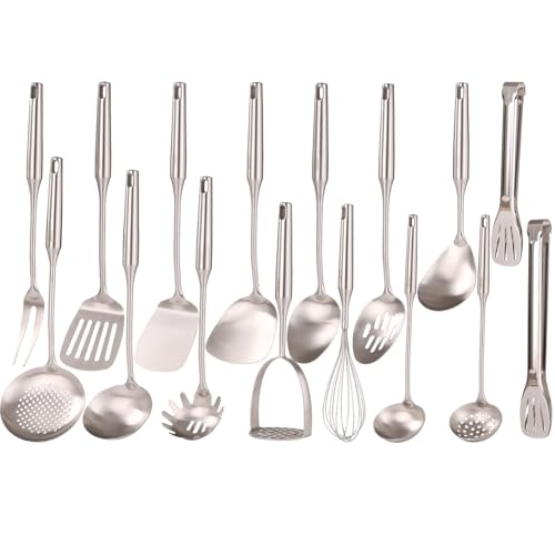 Standcn 18/10 Stainless Steel Cooking Utensils Set - 16 PCS All Metal Small & Large Kitchen Spoons, Serving Utensils - Whisk, Masher, Fork, Tongs, Solid/Slotted Spoon, Spatula, Turner, Ladle, Skimmer, Pasta - Image 1