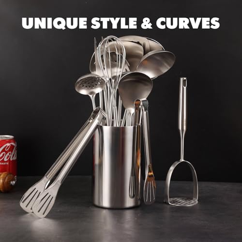 Standcn 18/10 Stainless Steel Cooking Utensils Set - 16 PCS All Metal Small & Large Kitchen Spoons, Serving Utensils - Whisk, Masher, Fork, Tongs, Solid/Slotted Spoon, Spatula, Turner, Ladle, Skimmer, Pasta - Image 5