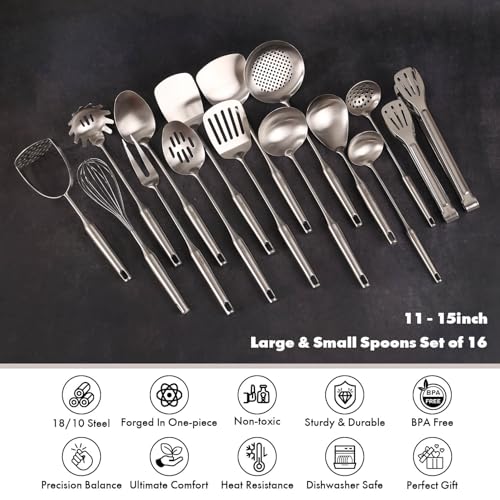 Standcn 18/10 Stainless Steel Cooking Utensils Set - 16 PCS All Metal Small & Large Kitchen Spoons, Serving Utensils - Whisk, Masher, Fork, Tongs, Solid/Slotted Spoon, Spatula, Turner, Ladle, Skimmer, Pasta - Image 3