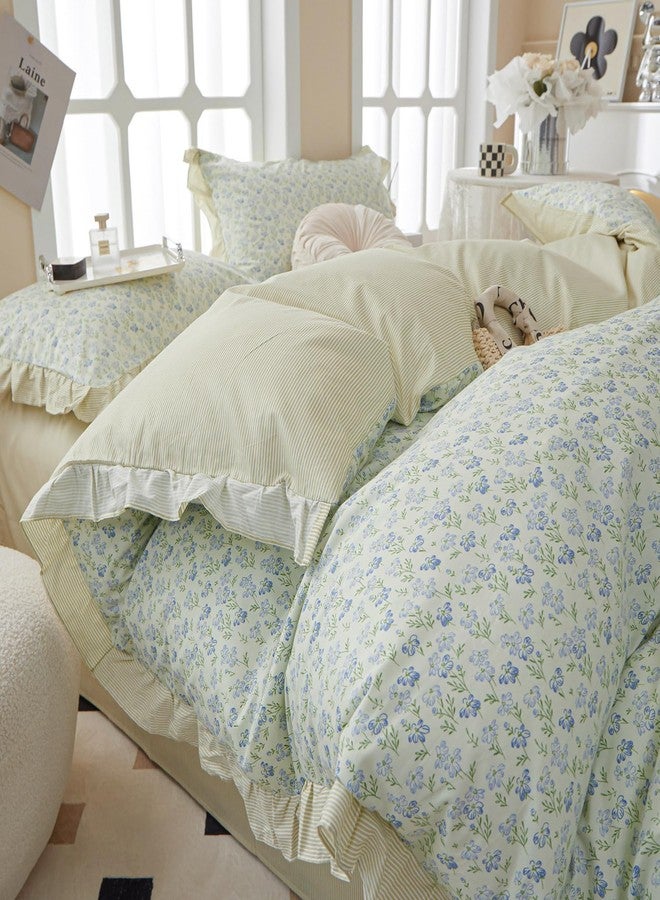 EAVD French Style Garden Floral Ruffled Comforter Set Twin XL White Soft Microfiber Chic Blue Floral Bedding Set with 2 Pillowcases Fresh Botanical Comforter Set for All-Season - Image 1