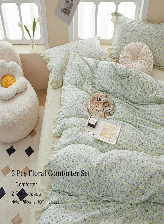 EAVD French Style Garden Floral Ruffled Comforter Set Twin XL White Soft Microfiber Chic Blue Floral Bedding Set with 2 Pillowcases Fresh Botanical Comforter Set for All-Season - Image 4