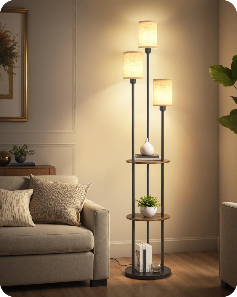 GOEBLESON 70.9" Floor Lamp with Shelves, Modern Floor Lamp with 3 Linen Shades and Foot Switch, 3-Light Standing Lamp, for Living Room, Bedroom, Study, Office, Rustic Brown and Beige EF53LD05 - Image 1