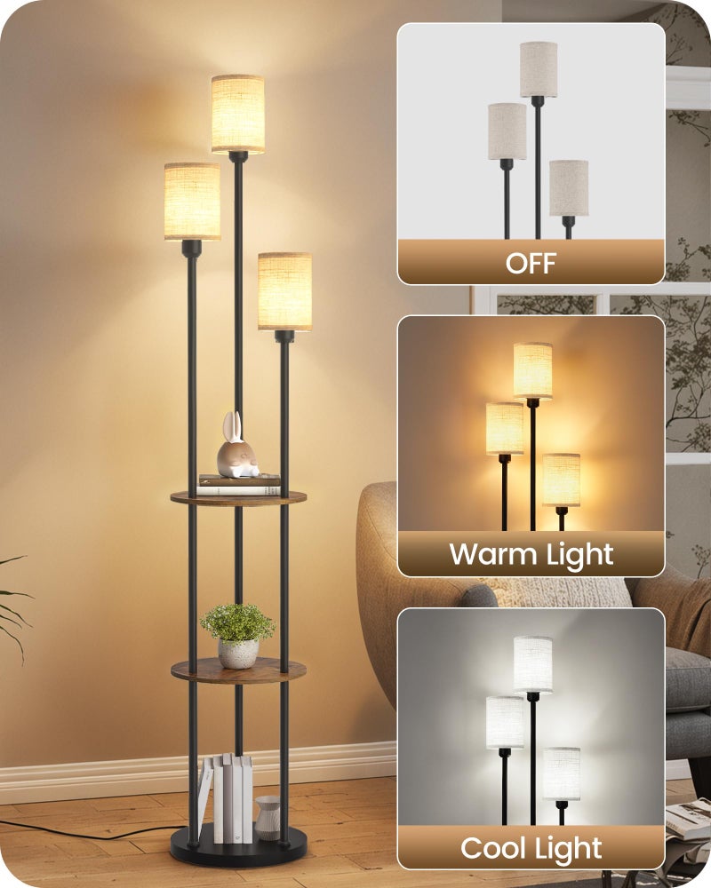 GOEBLESON 70.9" Floor Lamp with Shelves, Modern Floor Lamp with 3 Linen Shades and Foot Switch, 3-Light Standing Lamp, for Living Room, Bedroom, Study, Office, Rustic Brown and Beige EF53LD05 - Image 5