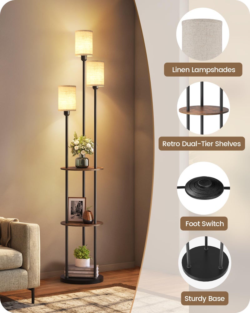 GOEBLESON 70.9" Floor Lamp with Shelves, Modern Floor Lamp with 3 Linen Shades and Foot Switch, 3-Light Standing Lamp, for Living Room, Bedroom, Study, Office, Rustic Brown and Beige EF53LD05 - Image 4