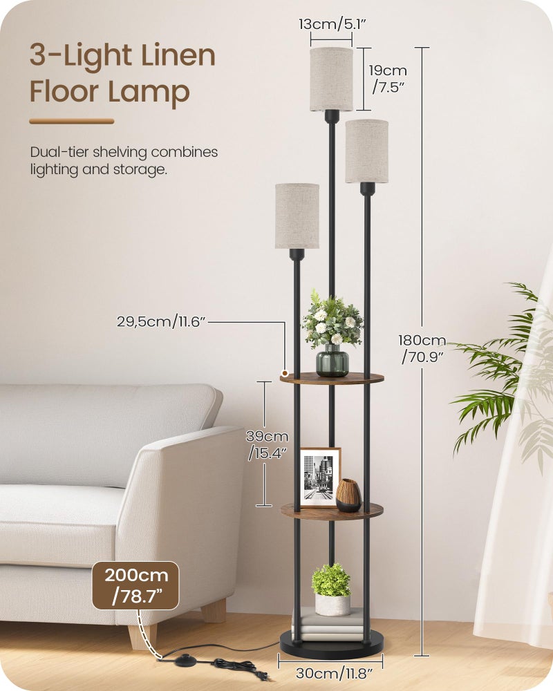 GOEBLESON 70.9" Floor Lamp with Shelves, Modern Floor Lamp with 3 Linen Shades and Foot Switch, 3-Light Standing Lamp, for Living Room, Bedroom, Study, Office, Rustic Brown and Beige EF53LD05 - Image 3
