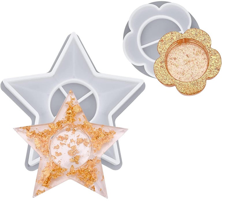 Snoogg SNOOGG Tea Light Candel Holder Resin Moulds 1 pc Each Star and Flower Shape Silicone for Personalized Photo Frame Wedding Birthday Gift Decoration Art Craft DIY  - Image 1