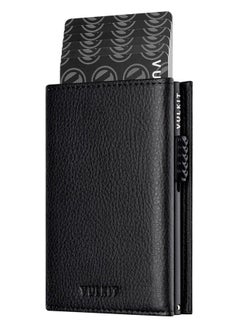 VULKIT Card Holder Wallet with Coin Pocket Magnetic Closure Pop Up Cards With ID Window Leather Wallet for Cash & Credit Cards, Grain Black  - Image 1