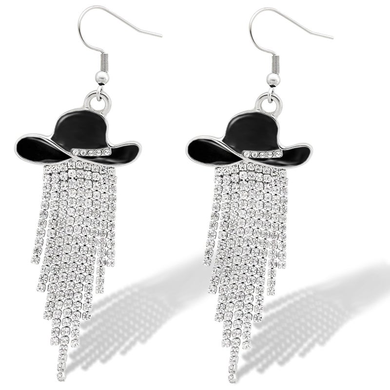 RechicGu Western Cowgirl Enamel Hat Sparkly Rhinestone Tassel Dangle Earrings Prom Country Concerts Cowboy Outfits Rodeo Jewelry Gift for Women,Black Hatâ€¦ - Image 1