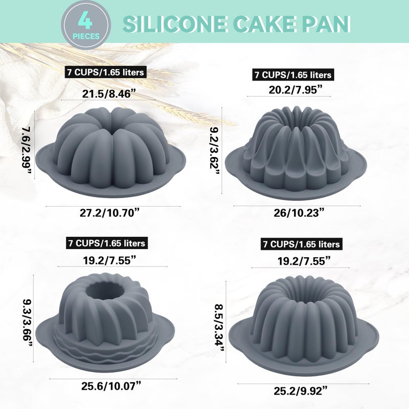 Tongjude 4 Pieces Silicone Fluted Tube Cake Pans, 7 Cups Tube Baking Pan, Jello Mold, Silicone Molds for Homemade Cake, Bread and Jello, Non-Stick, Grey - Image 3
