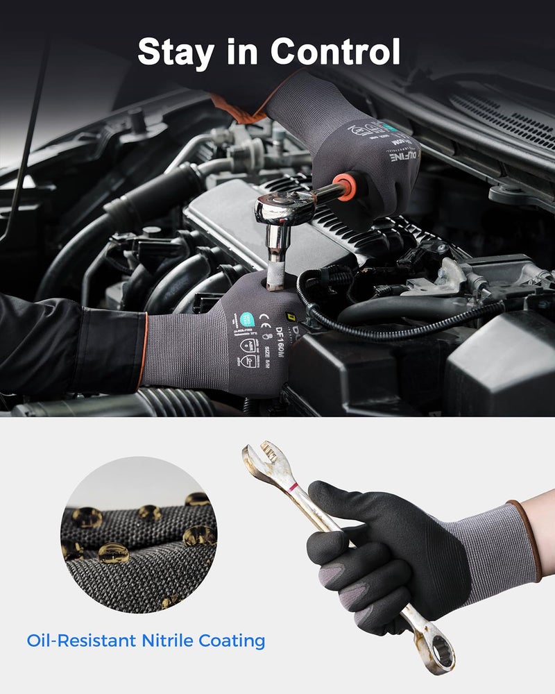 DULFINE Safety Work Gloves MicroFoam Nitrile Coated-12 Pairs Pack,Seamless Knit Nylon Glove with Black Micro-Foam Nitrile Grip,Ideal for General Purpose,Automotive,Home Improvement,Painting(Small) - Image 3
