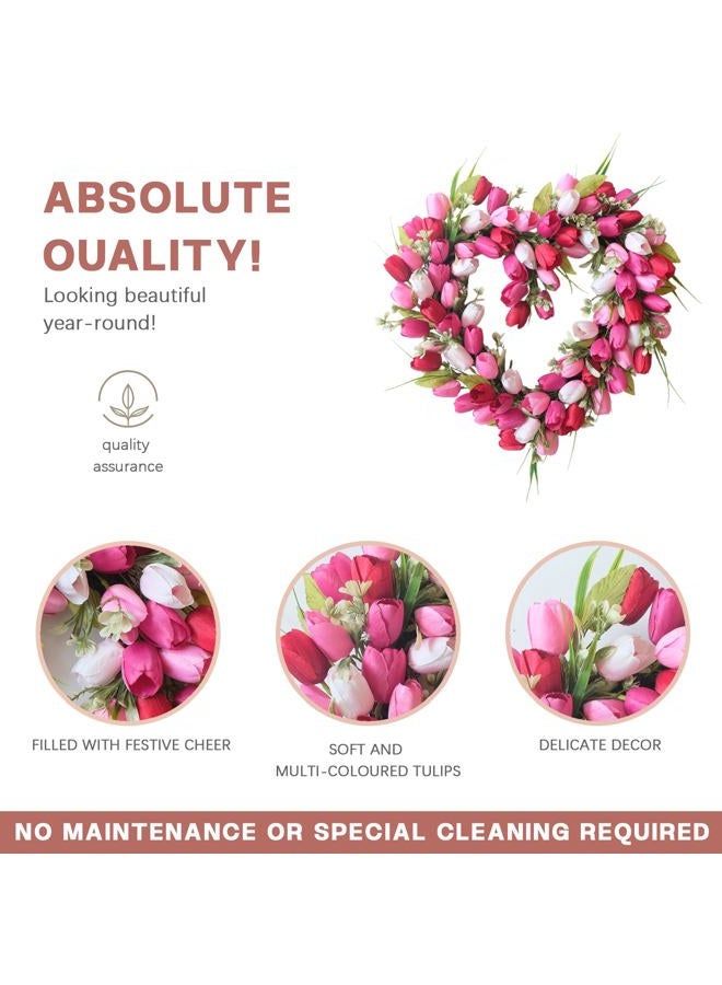 Tempus Valentine's Day Wreath for Front Door with White Pink Red Tulip and Green Leaf Valentines Heart Wreath for Wedding Festival Decor - Image 2