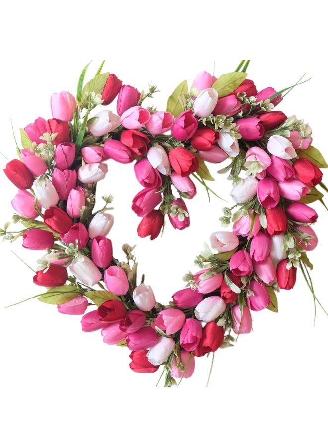 Tempus Valentine's Day Wreath for Front Door with White Pink Red Tulip and Green Leaf Valentines Heart Wreath for Wedding Festival Decor - Image 1