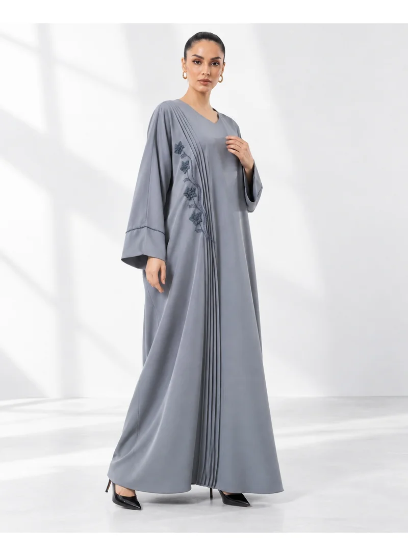 Aara Grey-Blue Abaya for Women with V-Neck, Floral Embroidery, and Pleated Front