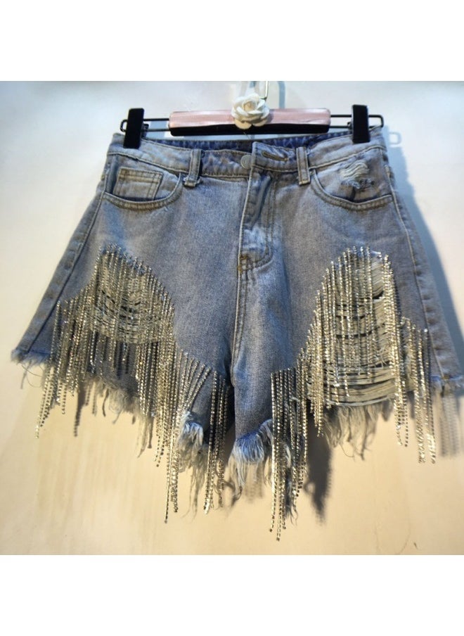 Generic Summer Hole High Waist Rhinestone Tassel Chain Slim-fit Slimming Straight Denim Shorts Women 