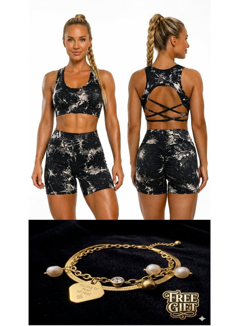 Free Gift Included Women's 2-Piece Tie-Dye Sports Bra and Shorts Set – High-Waist Scrunch