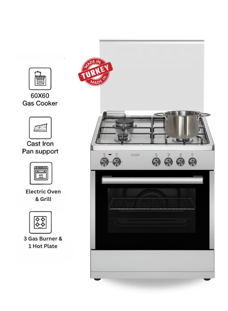 Venus موقد ستانلس ستيل 60x60 سم | 3 شعلات غاز + 1 لوحة كهربائية | فرن وشواية كهربائية | إشعال تلقائي | دعم أواني متين | صنع في تركيا | موقد عائلي مدمج – نموذج VC6631ESD - Image 1
