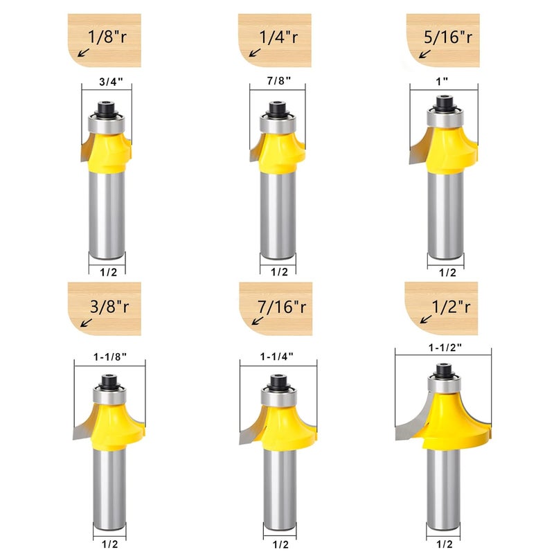MEIGGTOOL 6PCS Round-Over Router Bits, 1/2-Inch Shank Round Nose, Radius Sizes: 1/8", 1/4", 5/16", 3/8", 7/16", 1/2" - Image 2