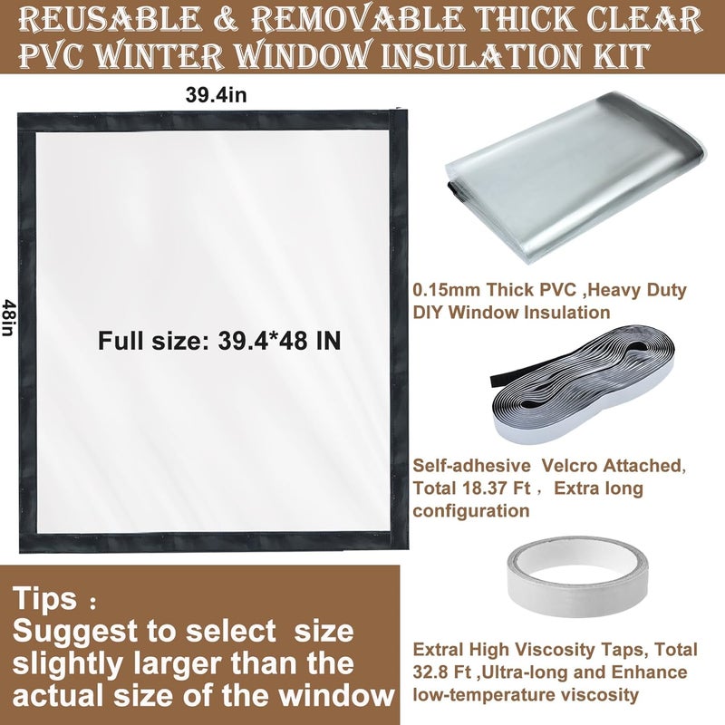 Jeyeou Window Insulation Kit for Winter Heavy Duty Plastic Window Cover Sealer Reusable Clear Thick Insulation Wrap Transparent Film with Strong Adhesive Tape and Hook and Loop Tape for Winterizing 39''x48'' - Image 2